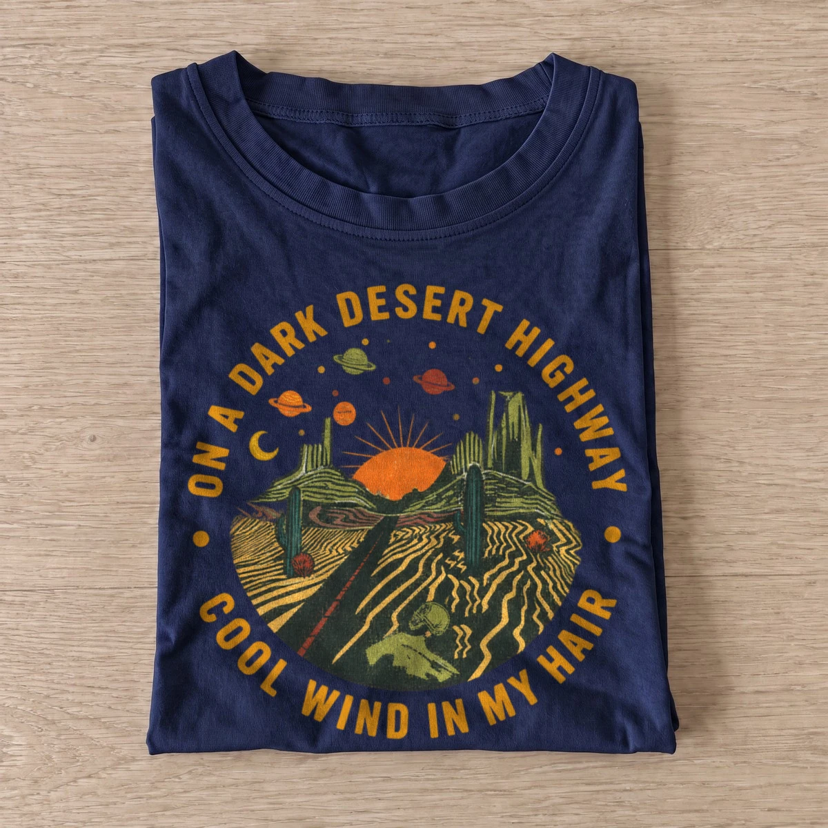 On a dark desert highway graphic t shirt navy20desert highway.webp