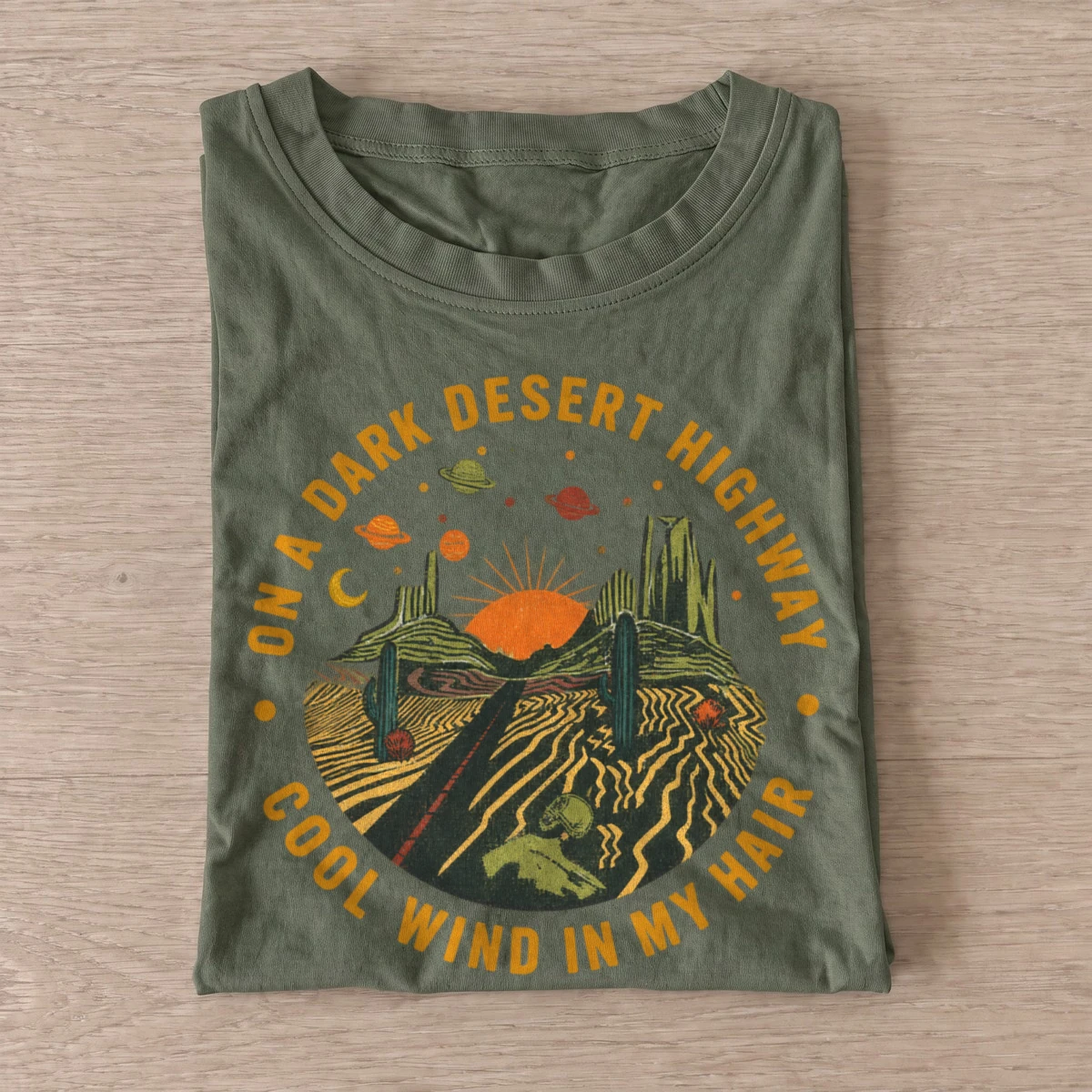 On a dark desert highway graphic t shirt olive20desert highway.webp