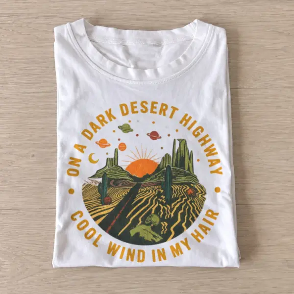 On a dark desert highway graphic t shirt white20desert highway.webp