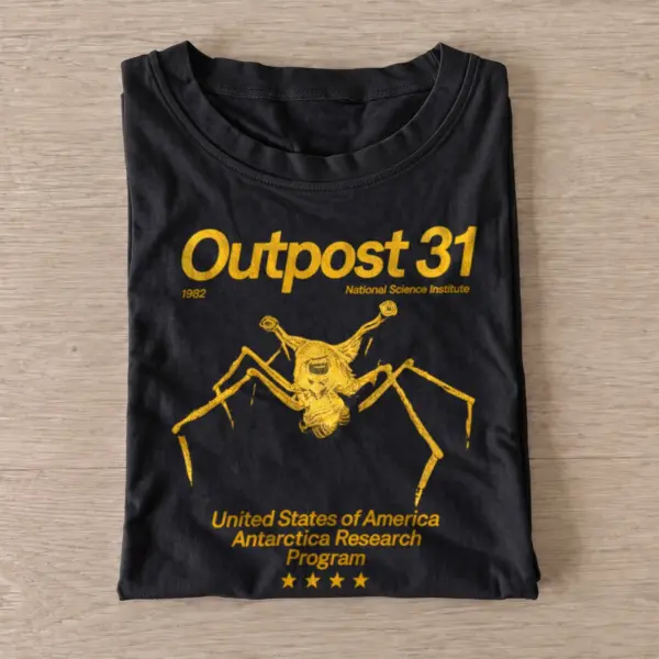 Antarctic research station and spider creature graphic T-shirt design