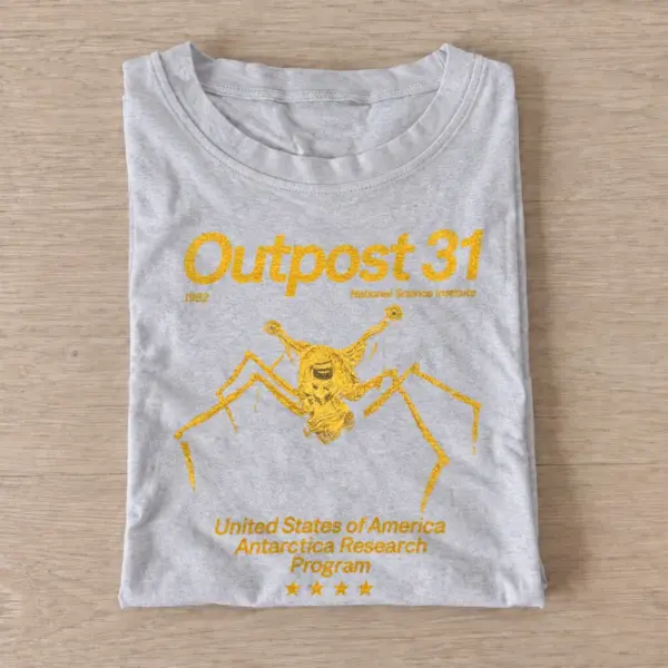 Antarctic research station and spider creature graphic T-shirt design