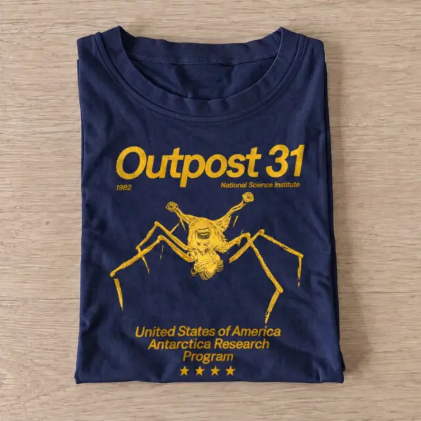 Antarctic research station and spider creature graphic T-shirt design