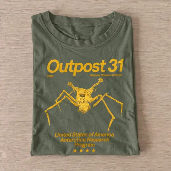 Antarctic research station and spider creature graphic T-shirt design