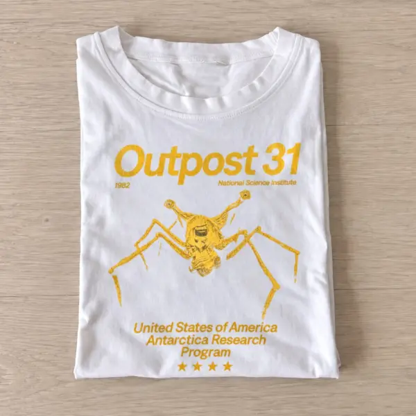 Antarctic research station and spider creature graphic T-shirt design