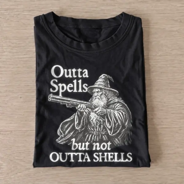 Outta spells but not outta shells wizard t shirt black20wizard with shells.webp
