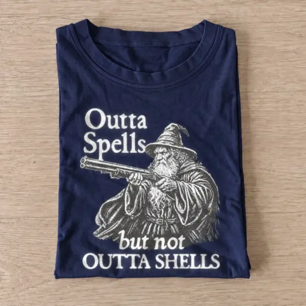 Outta spells but not outta shells wizard t shirt navy20wizard with shells.webp