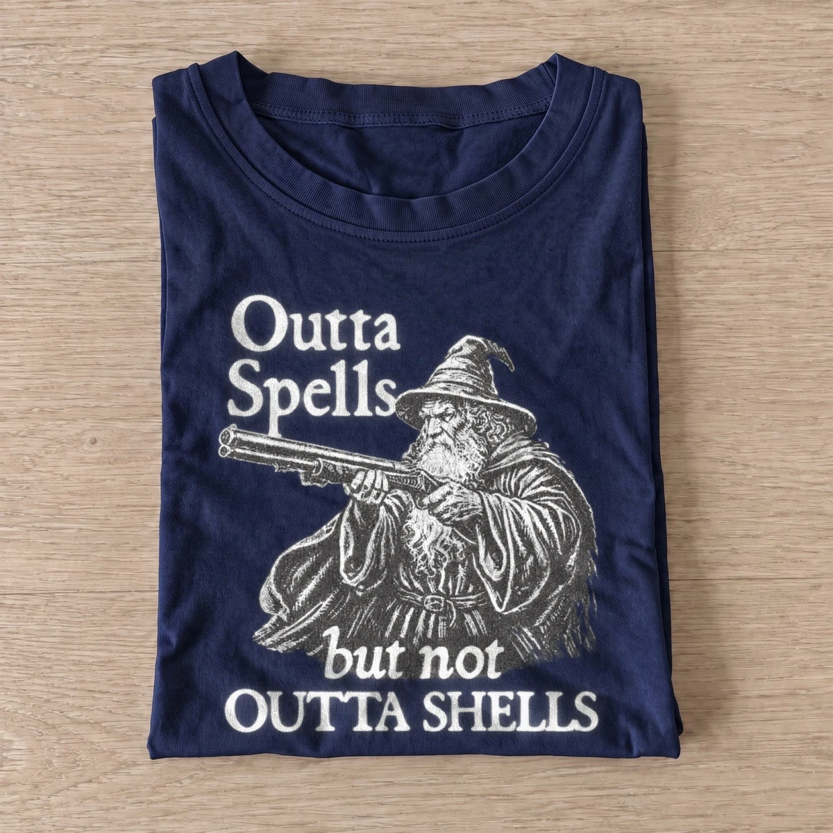 Outta spells but not outta shells wizard t shirt navy20wizard with shells.webp