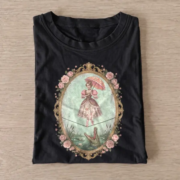 Parasol tightrope girl and alligator t shirt black20parasol alligator rider.webp