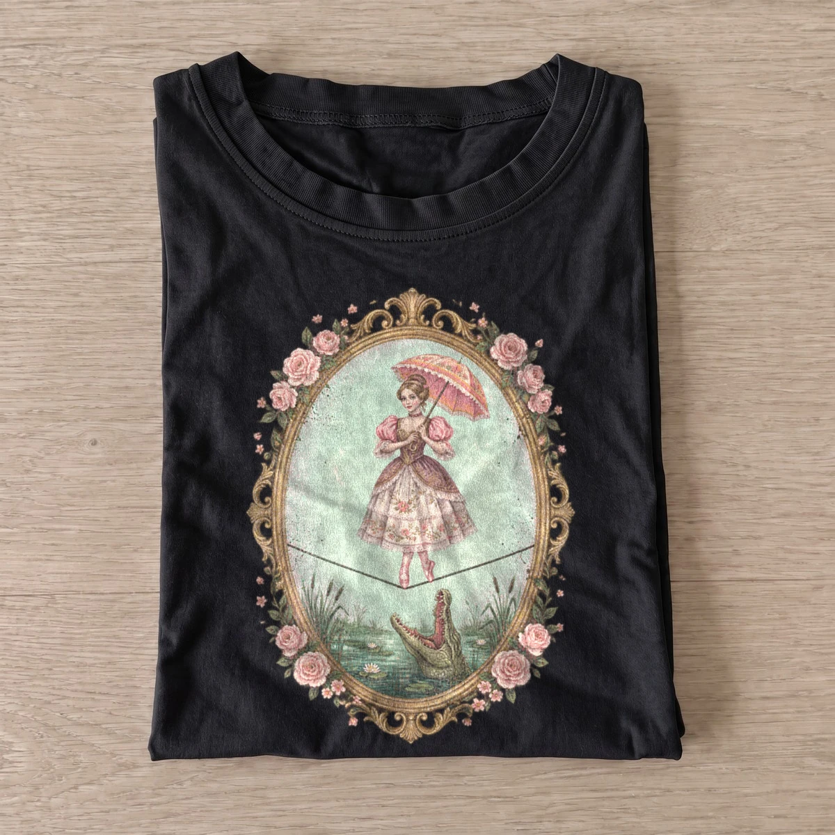 Parasol tightrope girl and alligator t shirt black20parasol alligator rider.webp