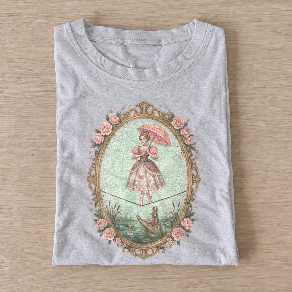 Parasol tightrope girl and alligator t shirt gray20parasol alligator rider.webp