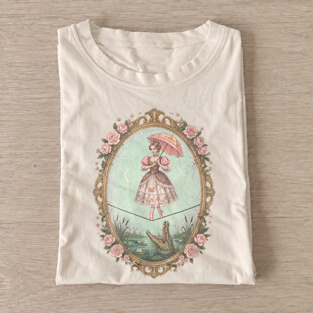 Parasol tightrope girl and alligator t shirt sand20parasol alligator rider.webp