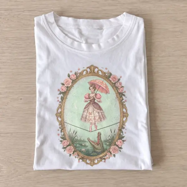 Parasol tightrope girl and alligator t shirt white20parasol alligator rider.webp