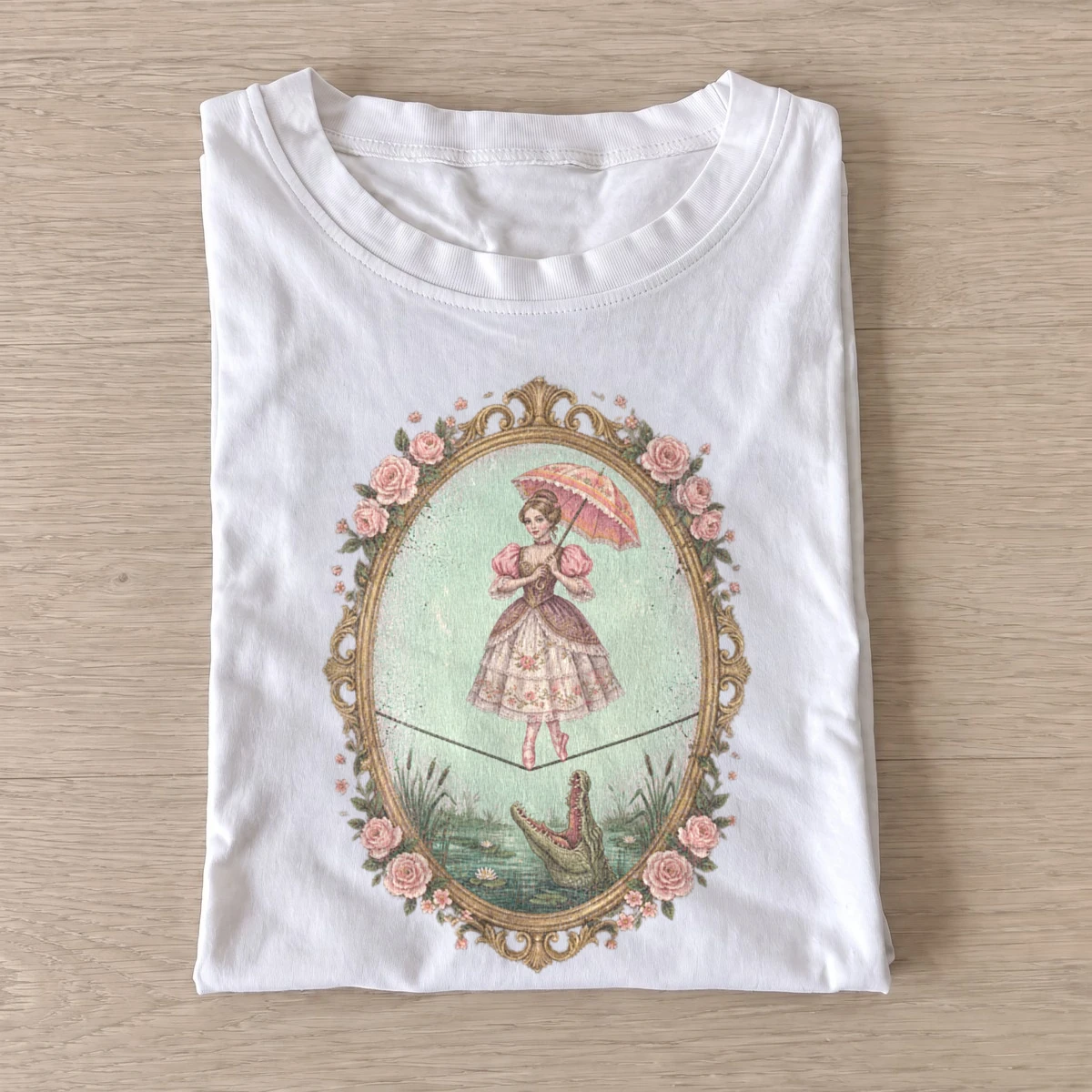 Parasol tightrope girl and alligator t shirt white20parasol alligator rider.webp
