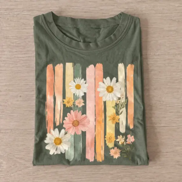 Pastel daisy stripes floral t shirt olive20pastel daisy stripes.webp