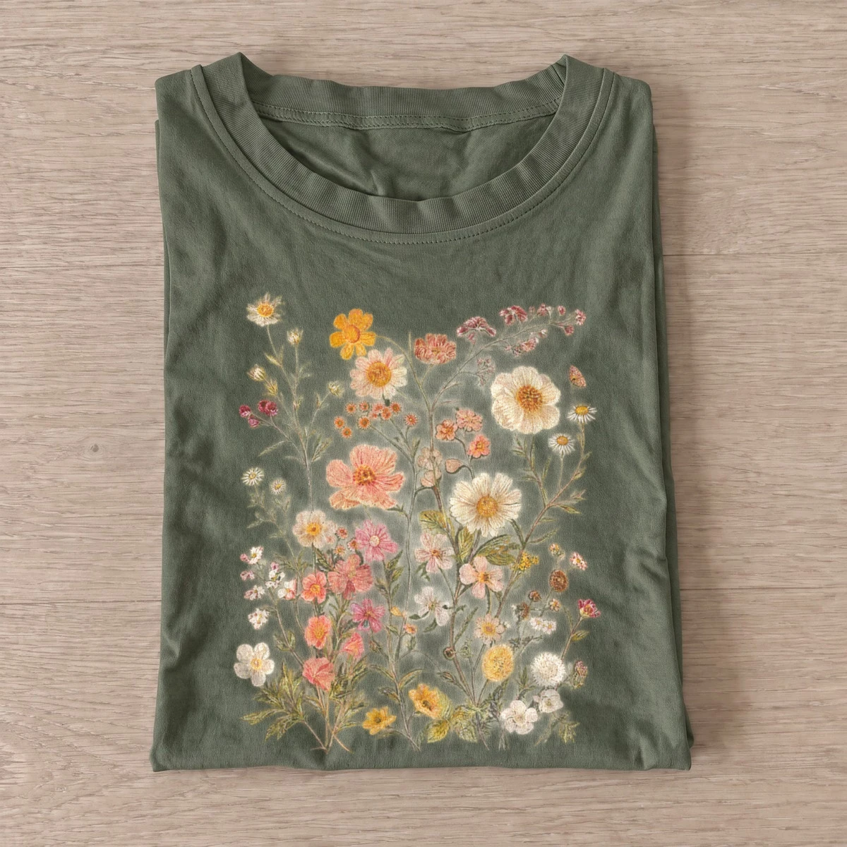 Pastel meadow flowers botanical t shirt olive20pastel meadow flowers.webp
