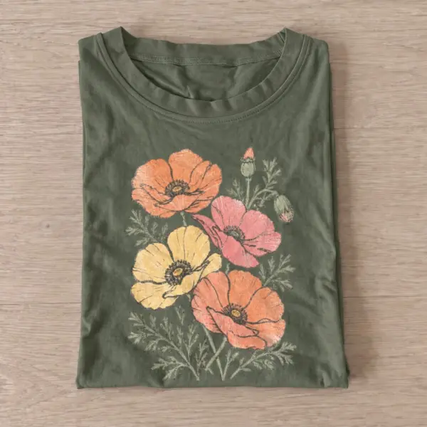 Pastel poppies floral t shirt olive20pastel poppies.webp