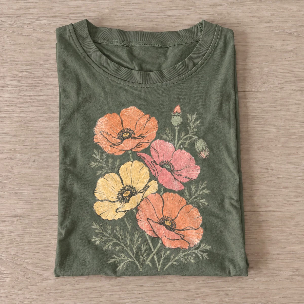 Pastel poppies floral t shirt olive20pastel poppies.webp