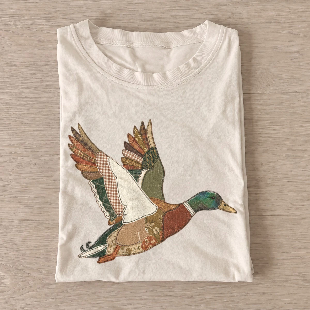 Patchwork mallard duck t shirt sand20patchwork mallard.webp