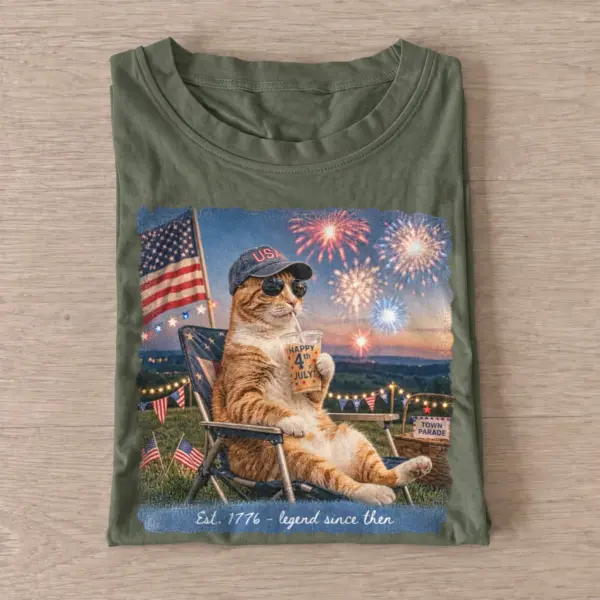 Patriotic lounging cat fireworks t shirt olive20patriotic lounging cat.webp
