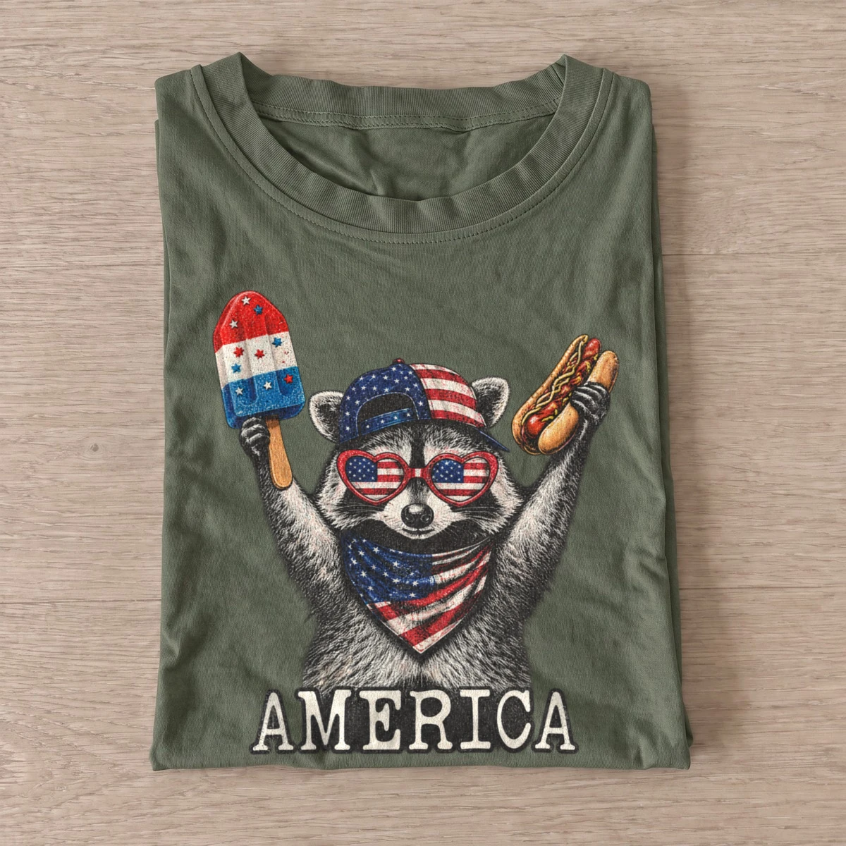 Patriotic snack raccoon america t shirt olive20patriotic snack raccoon.webp