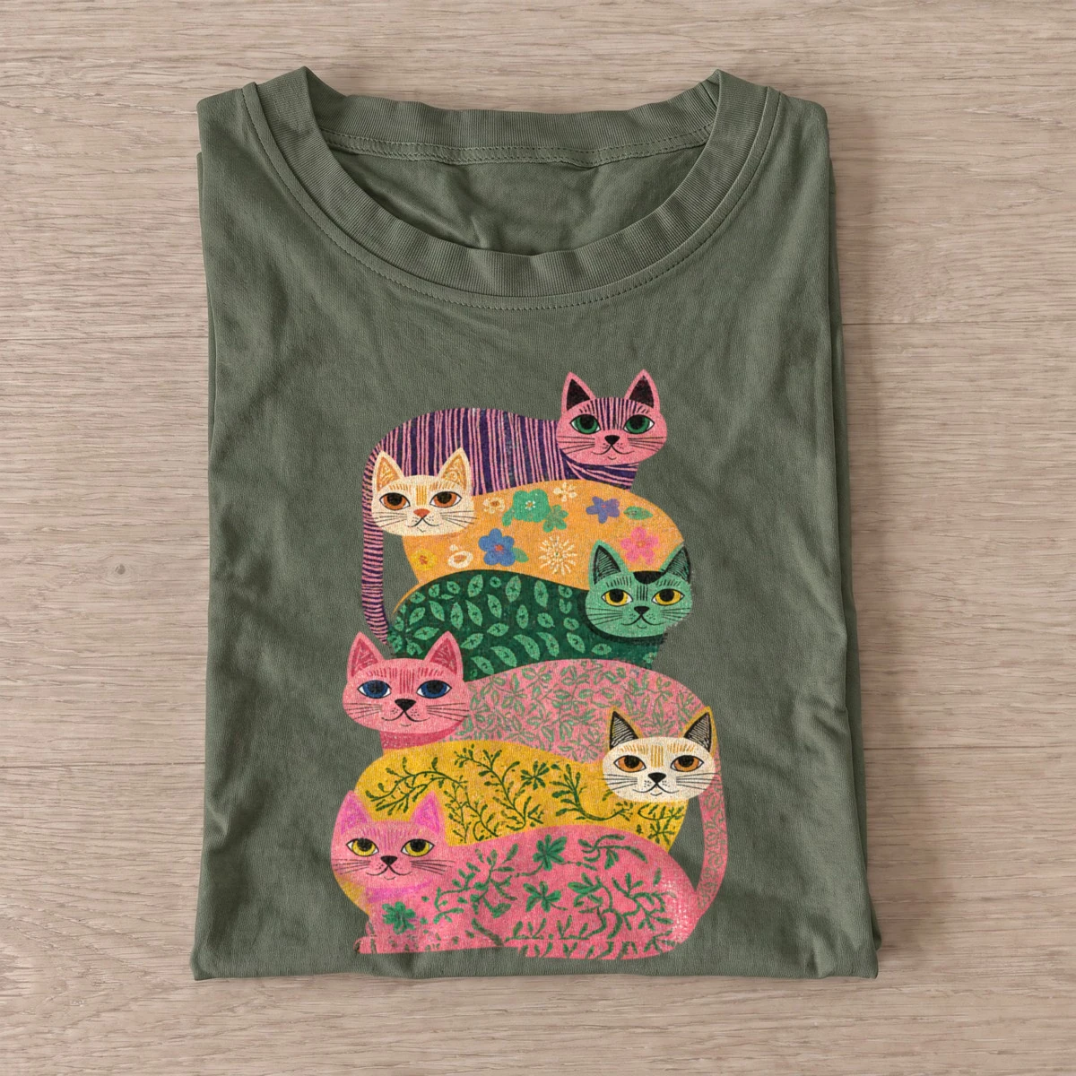Patterned cat stack t shirt olive20patterned cat stack.webp