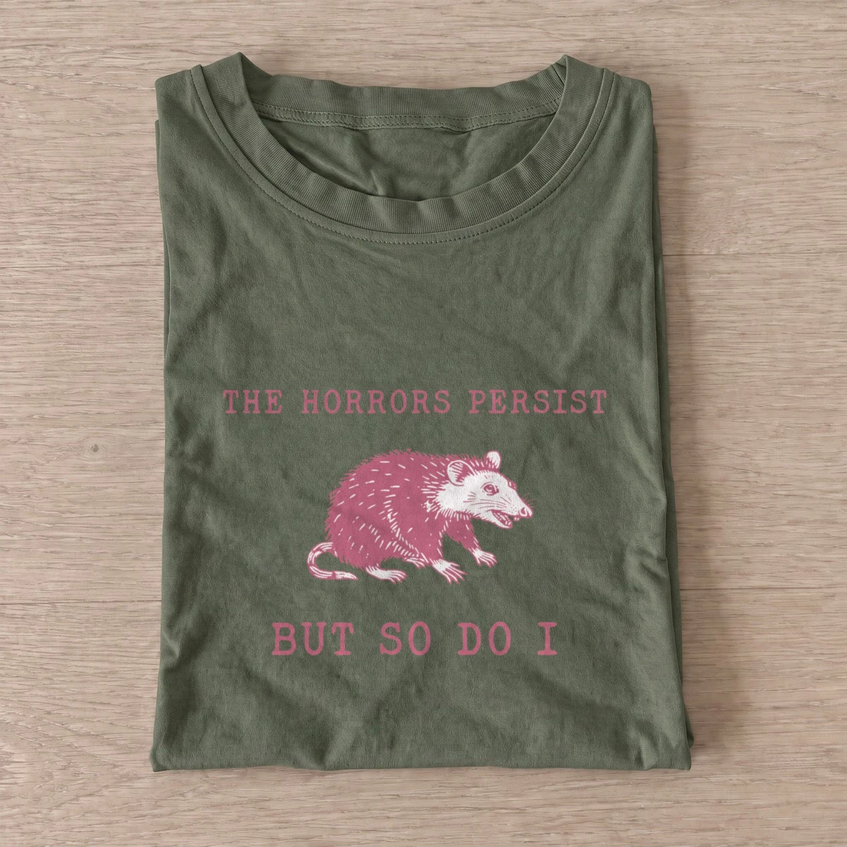Persistent pink opossum t shirt olive20persistent pink opossum.webp
