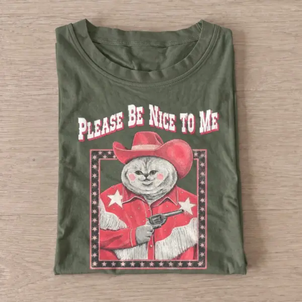 Please be nice to me cowboy cat t shirt olive20be nice cowboy cat.webp