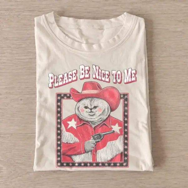 Please be nice to me cowboy cat t shirt sand20be nice cowboy cat.webp