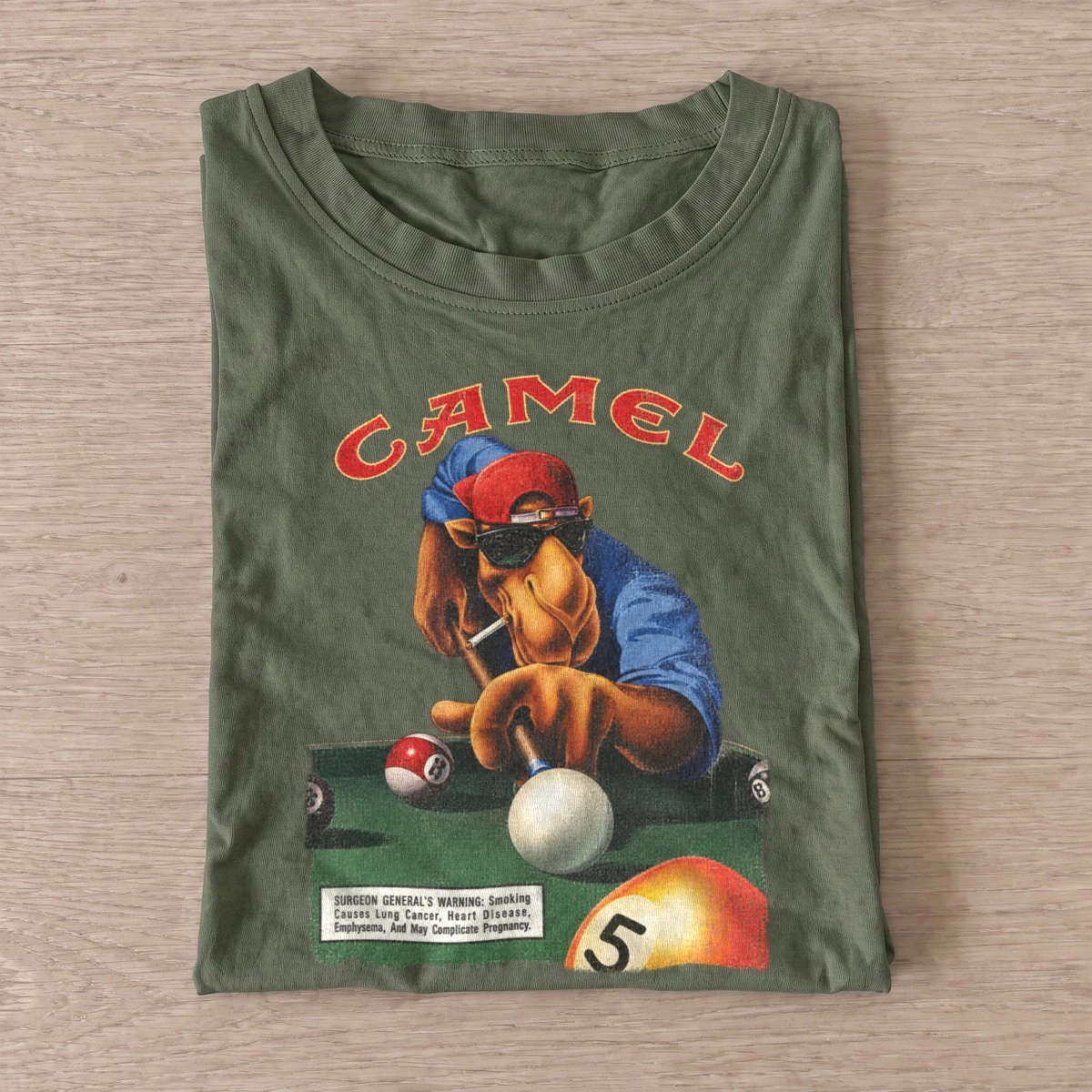 Pool playing camel graphic t shirt olive20pool playing camel.webp
