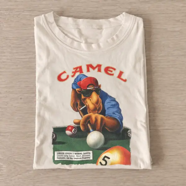 Pool playing camel graphic t shirt sand20pool playing camel.webp