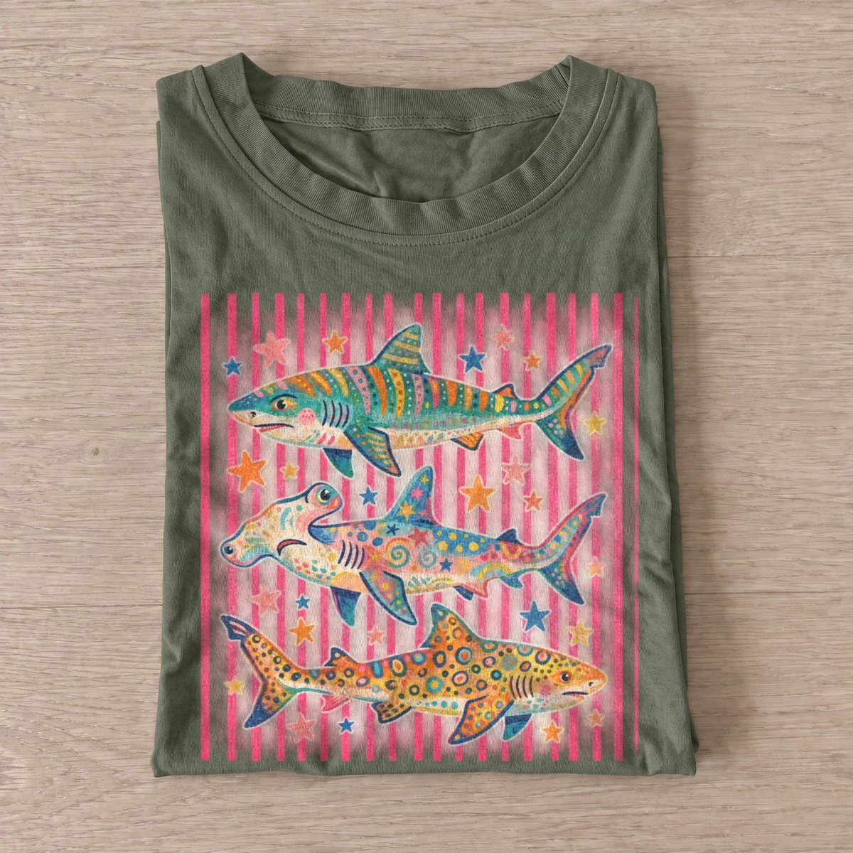 Psychedelic sharks graphic t shirt olive20psychedelic sharks.webp