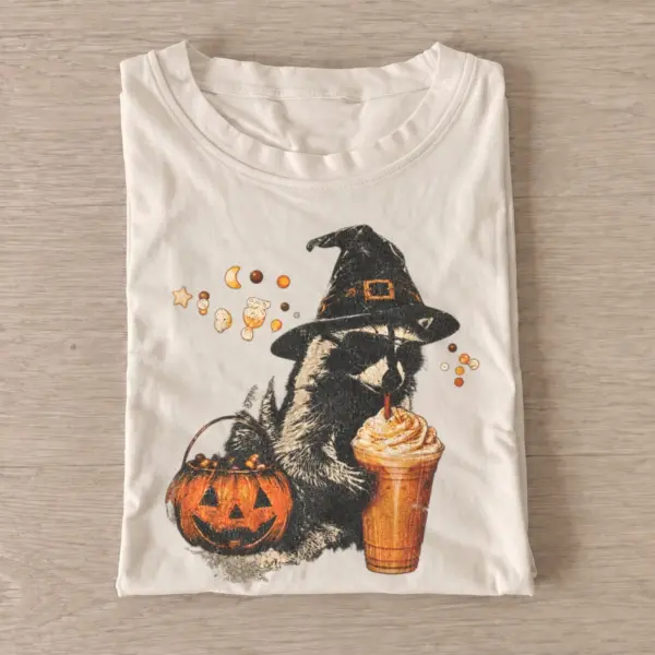 Pumpkin latte witch raccoon t shirt sand20pumpkin latte raccoon.webp