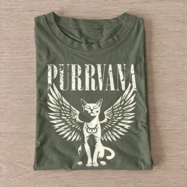 Purrvana winged cat t shirt olive20winged metal cat.webp