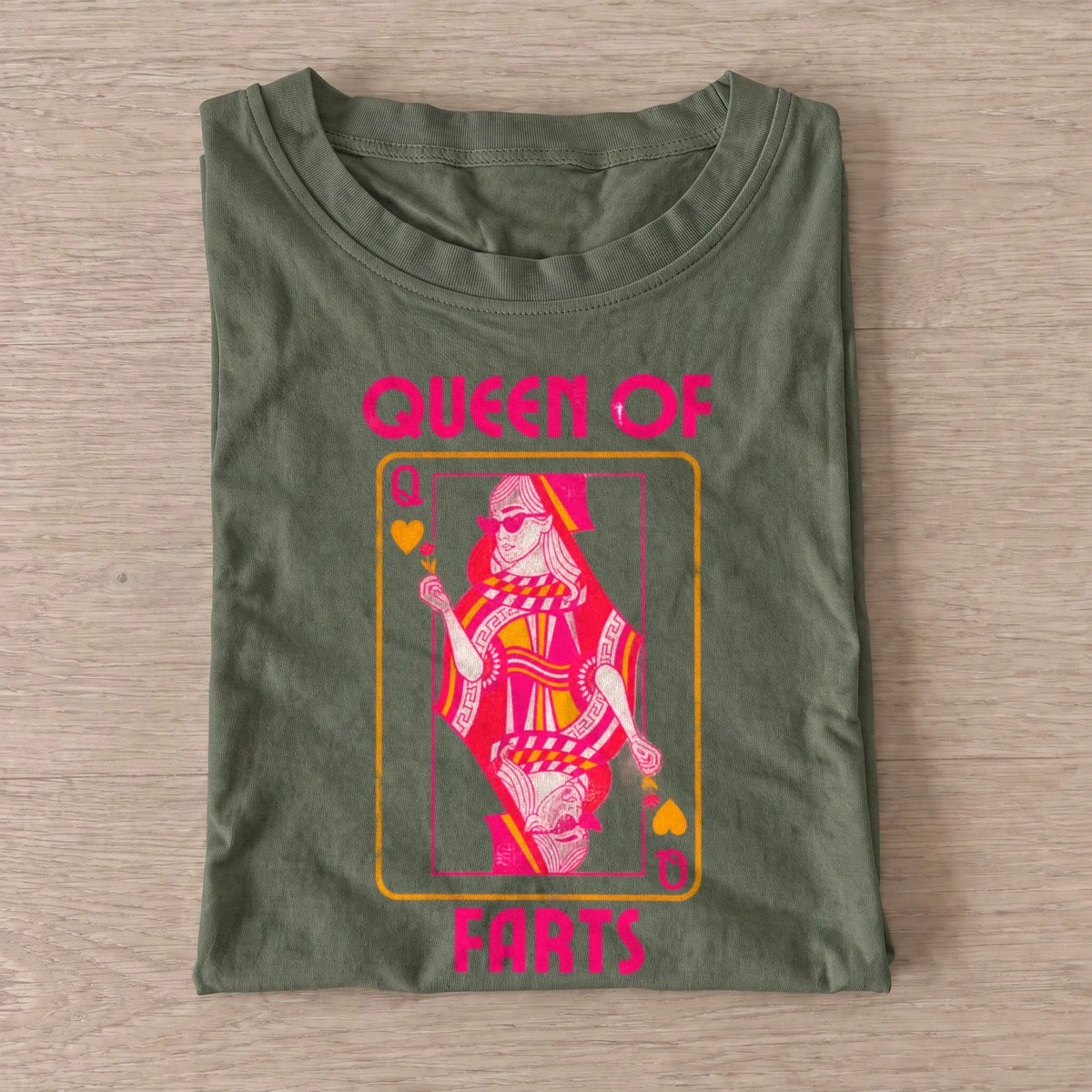 Queen of farts playing card graphic t shirt olive20queen of farts.webp