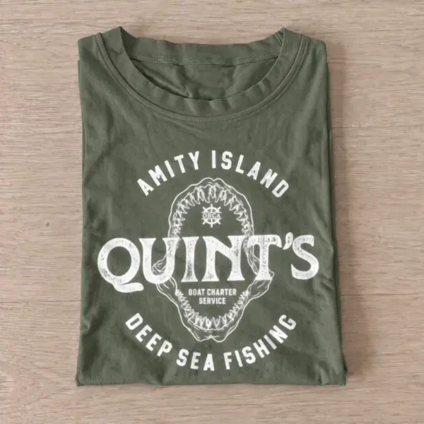 Quints amity island shark hunter charter t shirt olive20shark hunter charter.webp