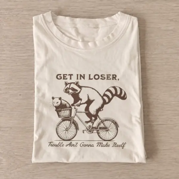 Raccoon bicycle trouble t shirt sand20raccoon bicycle trouble.webp