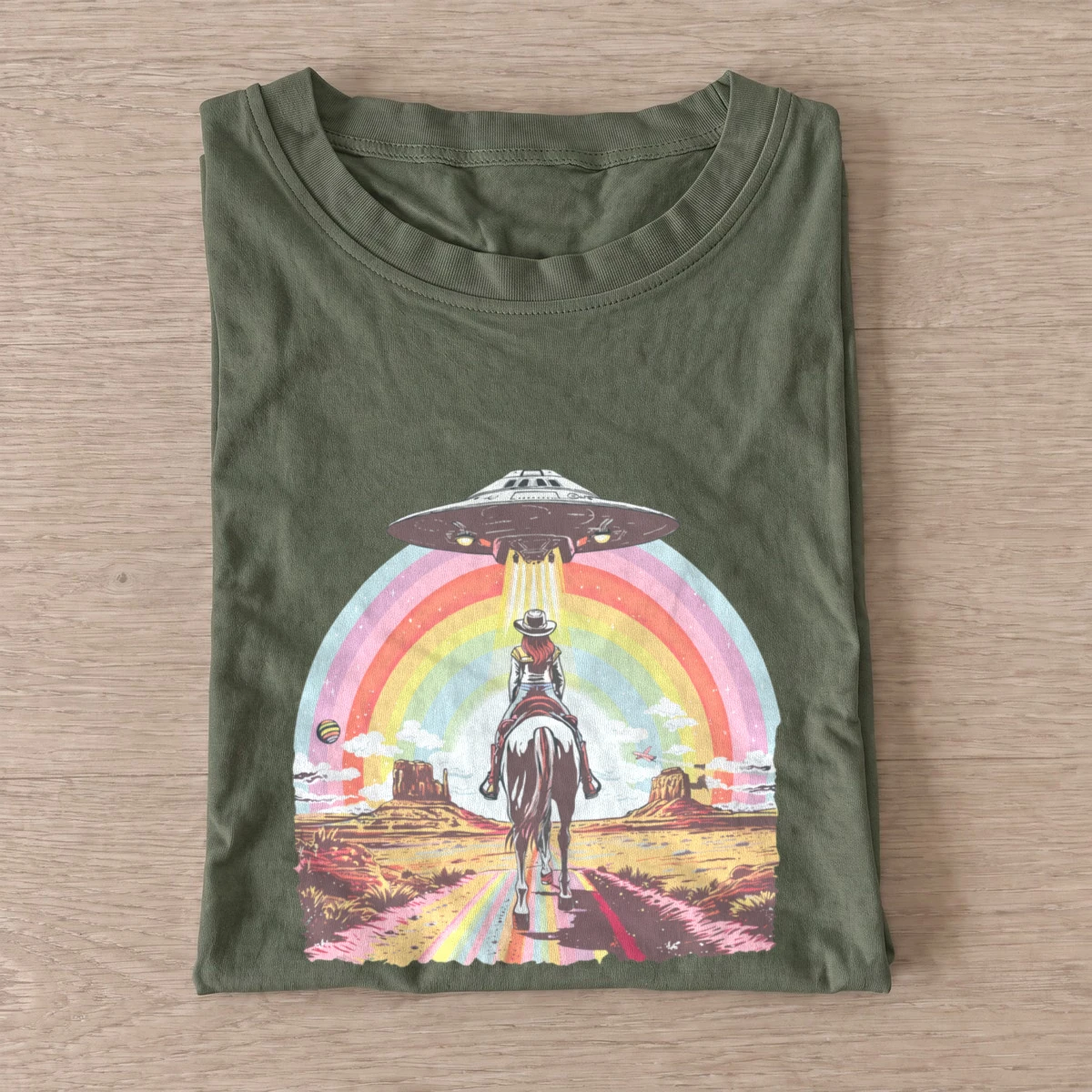 Rainbow ufo cowboy t shirt olive20rainbow ufo cowboy.webp