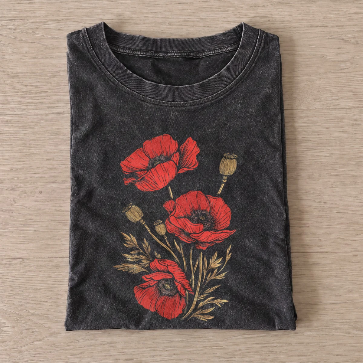 Red poppies vintage t shirt washed20black20red poppies.webp