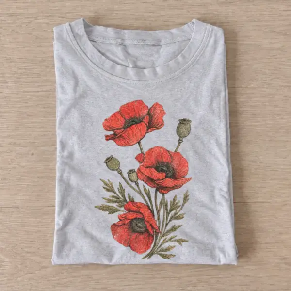 Red poppy stems botanical t shirt gray20red poppy stems.webp