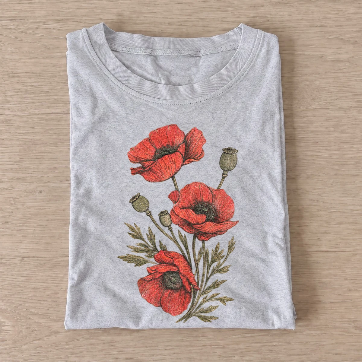 Red poppy stems botanical t shirt gray20red poppy stems.webp