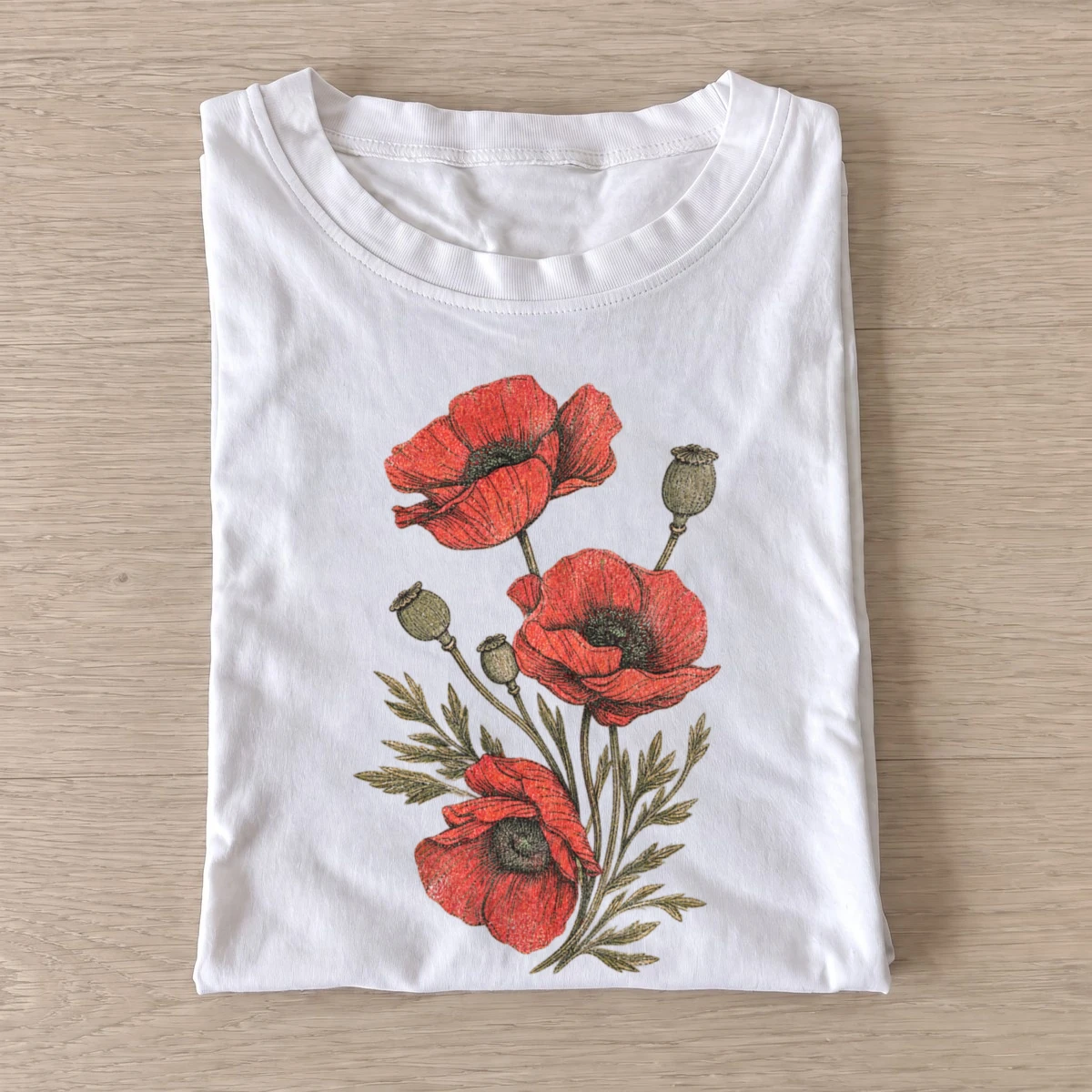 Red poppy stems botanical t shirt white20red poppy stems.webp