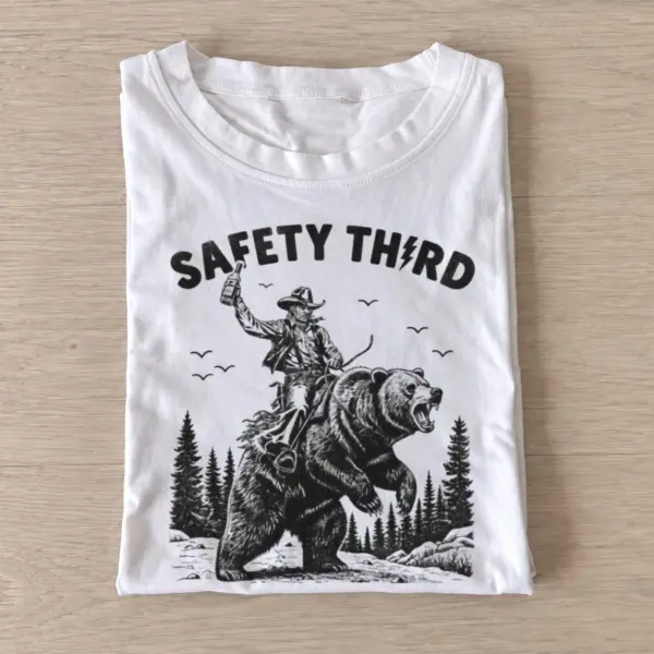 Safety third cowboy riding bear t shirt white20safety third bear.webp