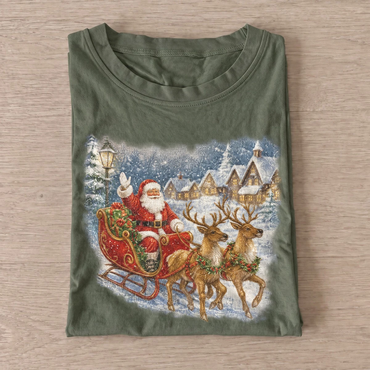 Santa village sleigh christmas t shirt olive20santa village sleigh.webp
