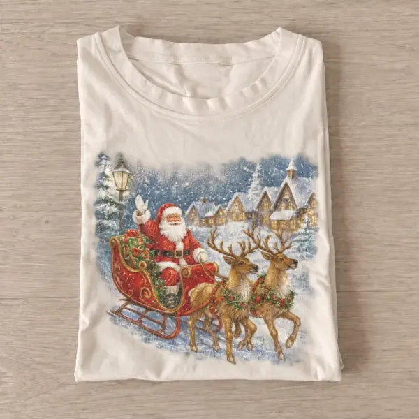 Santa village sleigh christmas t shirt sand20santa village sleigh.webp