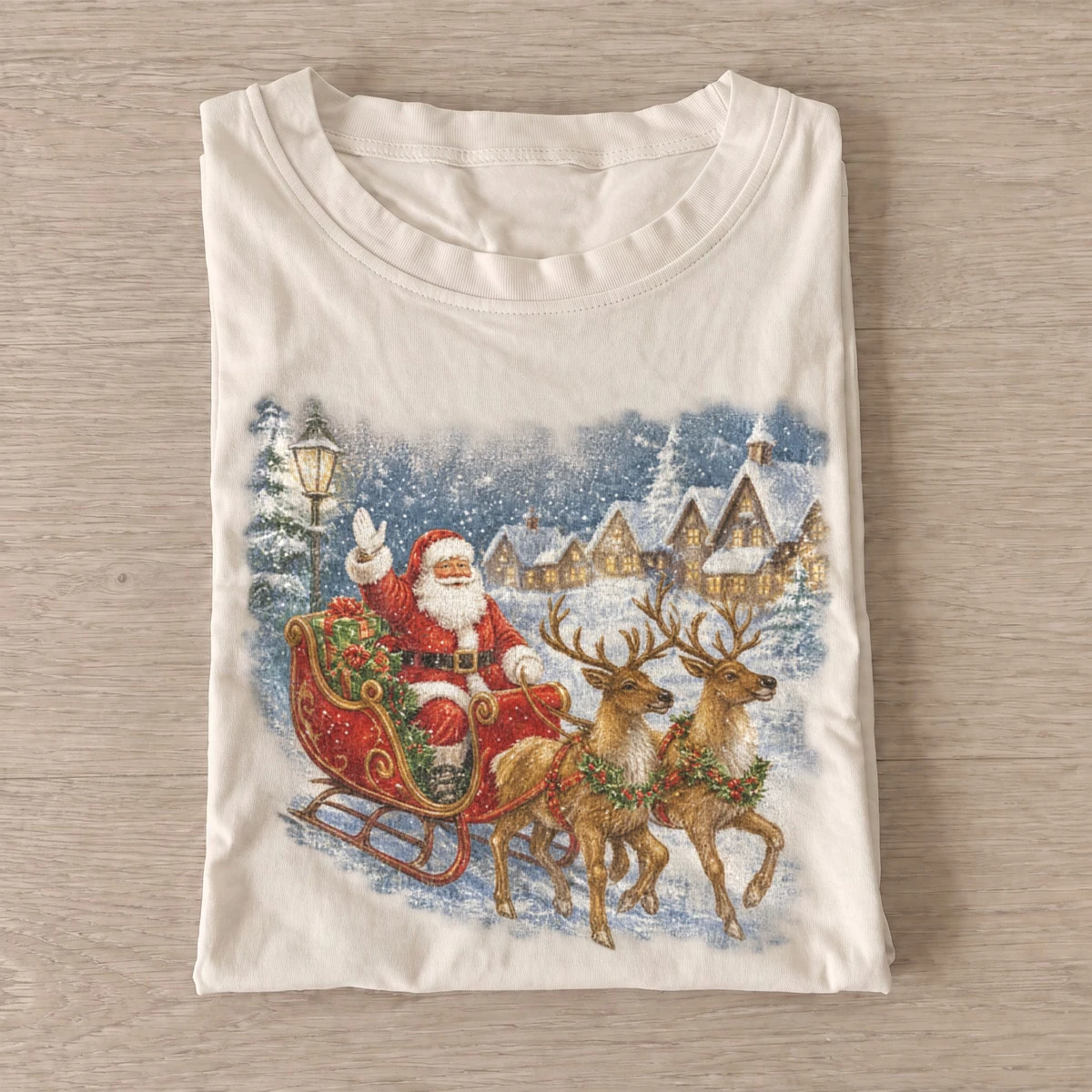 Santa village sleigh christmas t shirt sand20santa village sleigh.webp