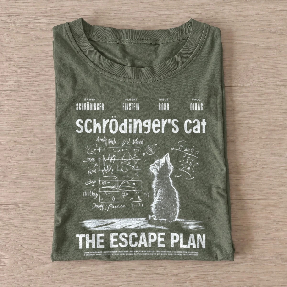 Schrodingers cat the escape plan t shirt olive20schrodingers escape cat.webp