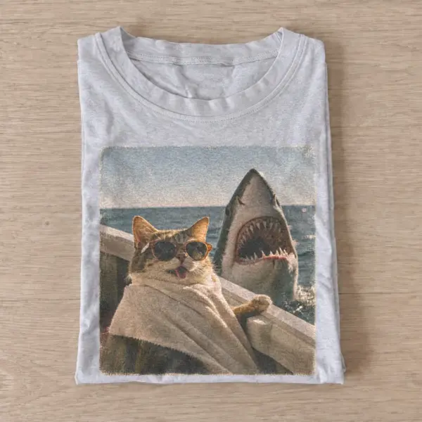 Shark and cat on boat t shirt gray20shark boat cat.webp