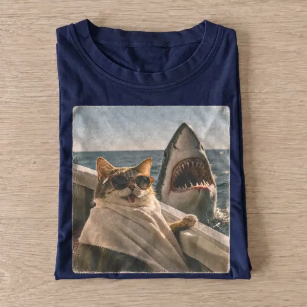Shark and cat on boat t shirt navy20shark boat cat.webp