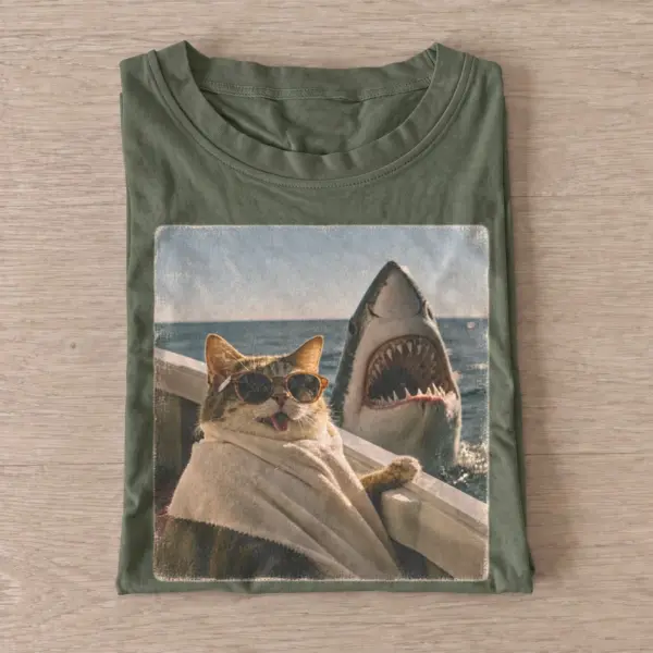 Shark and cat on boat t shirt olive20shark boat cat.webp