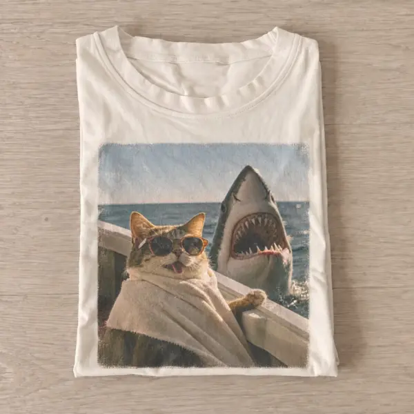 Shark and cat on boat t shirt sand20shark boat cat.webp